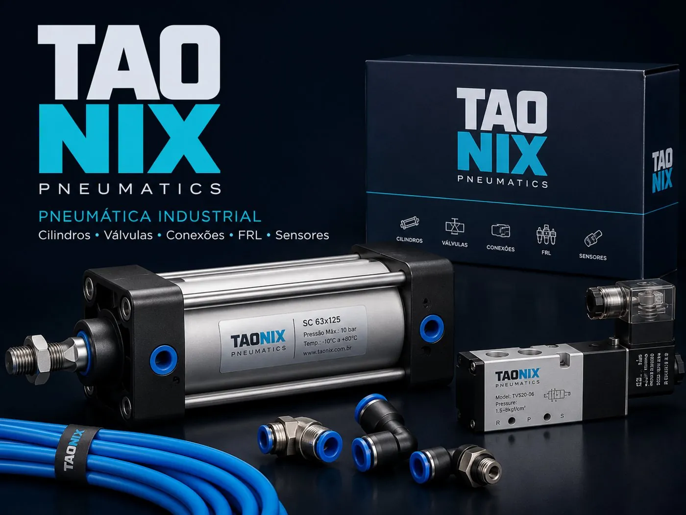 Linha pneumática TAONIX: cilindros, válvulas, conexões, FRL e sensores